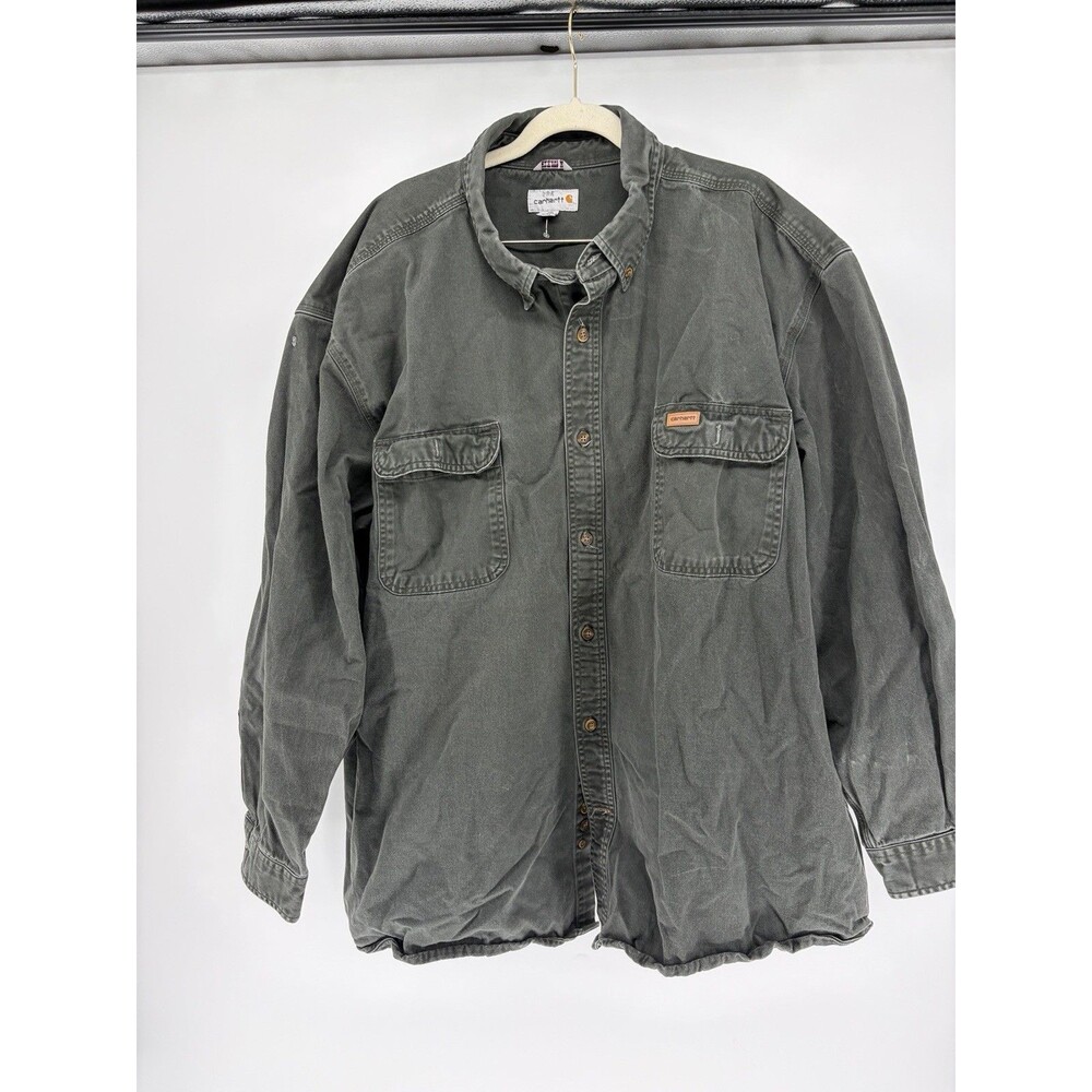Heavy Duty Carhartt Green/Gray Canvas Shirt Jacket Mens 2XL Workwear Shacket